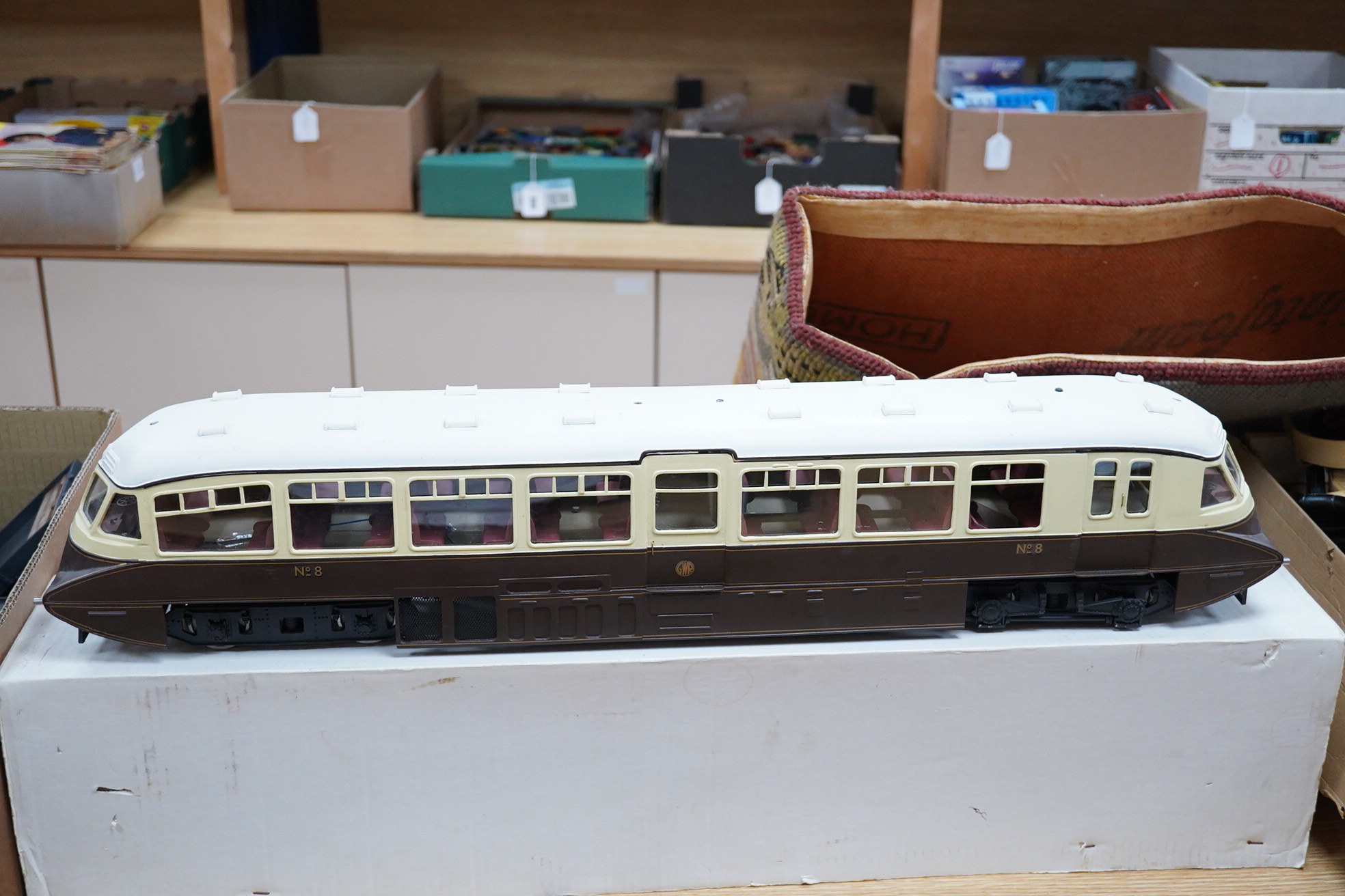 A Gauge 3 model railway GWR 'Flying Banana' railcar, radio controlled kit built from a GRS (Garden Railway Specialists) kit, with original assembly instructions
